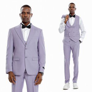 Lavender Mens Suit Skinny Fit 3pc w/ Double Breasted Vest, by Tazzio